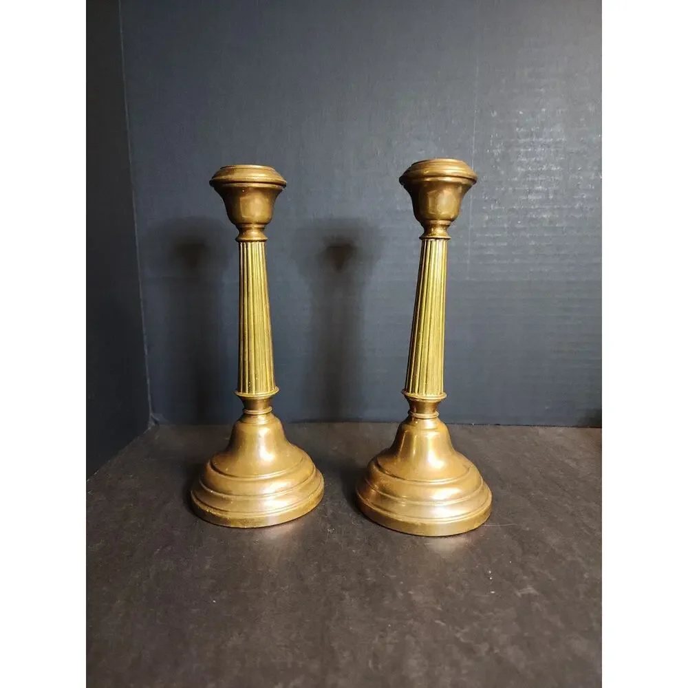 Pair of Antique Brass Candlesticks, Copper Weighted, Column Fluted 8.5